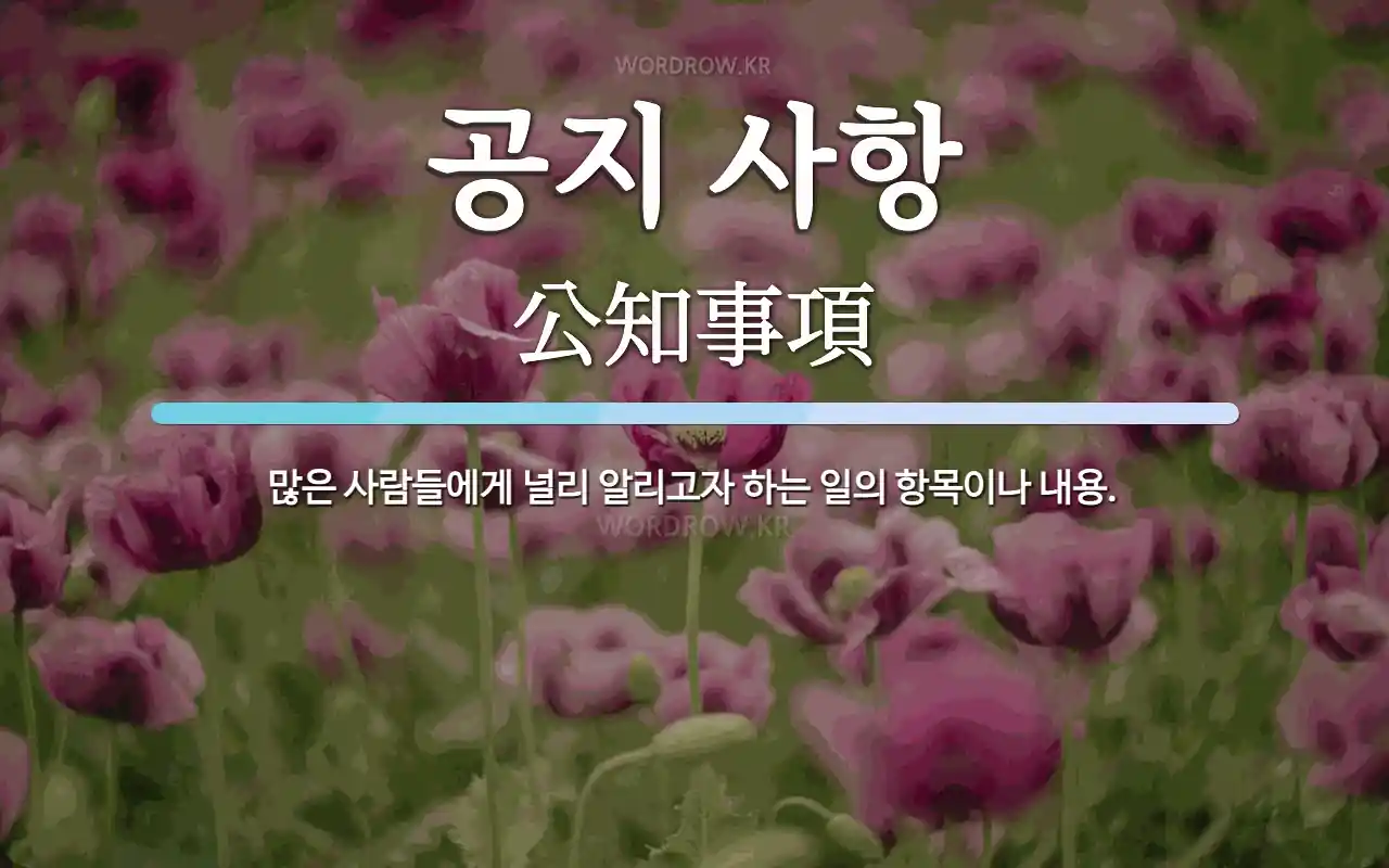 공지 사항 뜻: 많은 사람들에게 널리 알리고자 하는 일의 항목이나 내용.