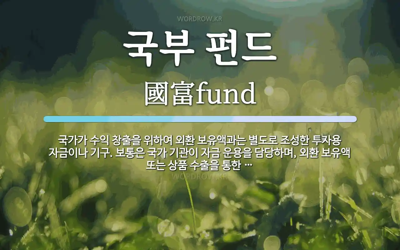 국부 펀드 뜻: 국가가 수익 창출을 위하여 외환 보유액과는 별도로 조성한 투자용 자금이나 기구. 보통은 국