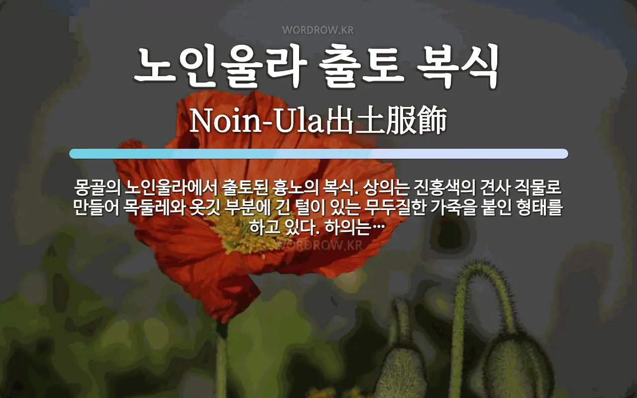 노인울라 출토 복식 뜻: 몽골의 노인울라에서 출토된 흉노의 복식. 상의는 진홍색의 견사 직물로 만들어 목둘레와 옷깃