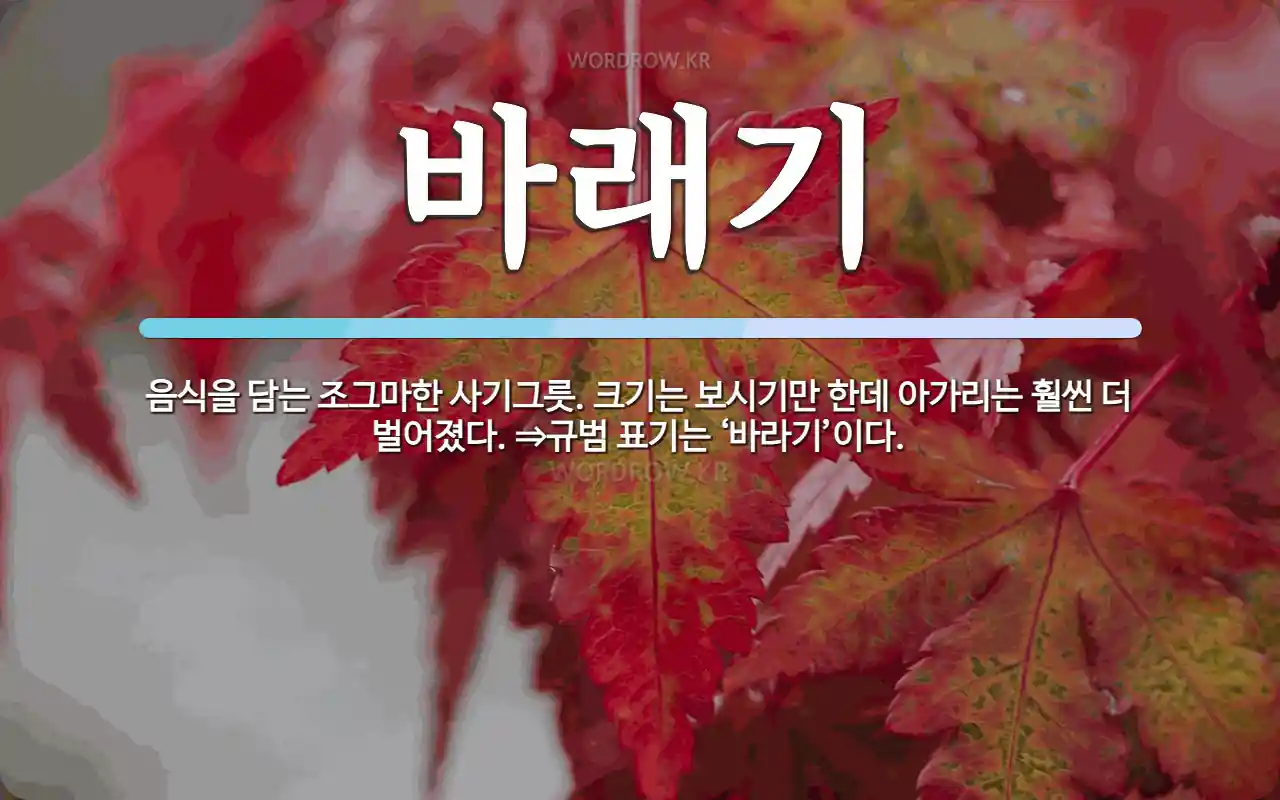 바래기 뜻: 음식을 담는 조그마한 사기그릇. 크기는 보시기만 한데 아가리는 훨씬 더 벌어졌다. ⇒규범 바래기 뜻: 음식을 담는 조그마한 사기그릇.... 