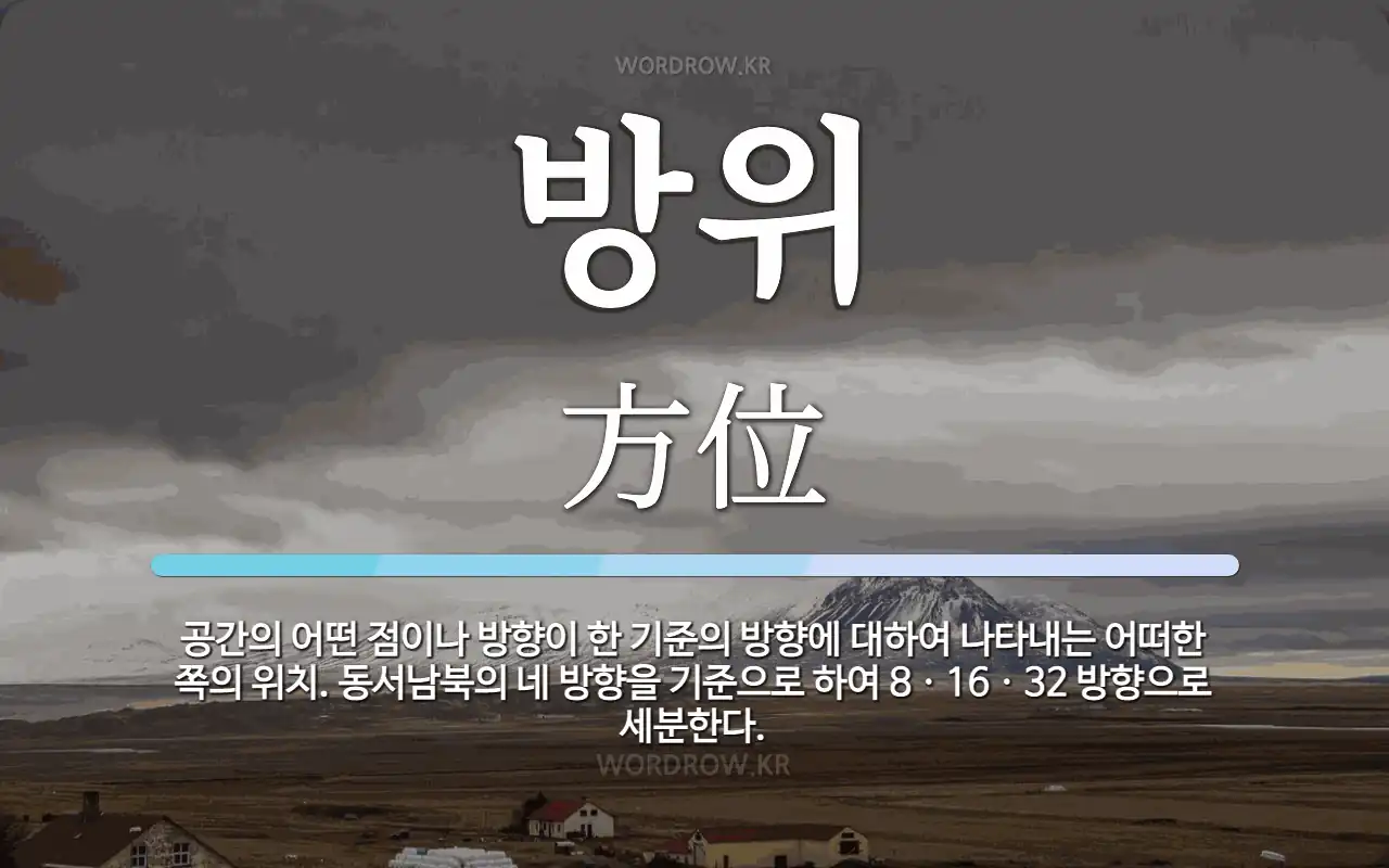 방위 뜻: 공간의 어떤 점이나 방향이 한 기준의 방향에 대하여 나타내는 어떠한 쪽의 위치. 동서남북의
