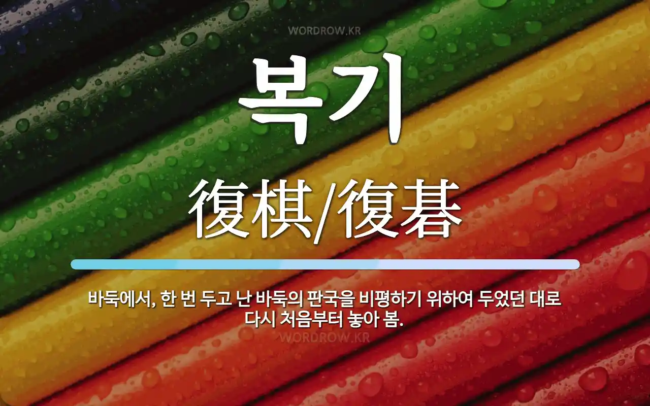 복기 뜻: 바둑에서, 한 번 두고 난 바둑의 판국을 비평하기 위하여 두었던 대로 다시 처음부터 놓아