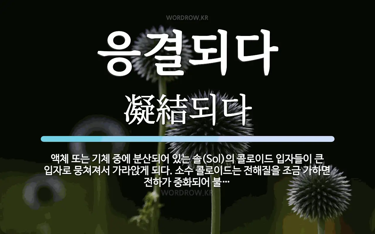 응결되다 뜻: 액체 또는 기체 중에 분산되어 있는 솔(Sol)의 콜로이드 입자들이 큰 입자로 뭉쳐져서 가