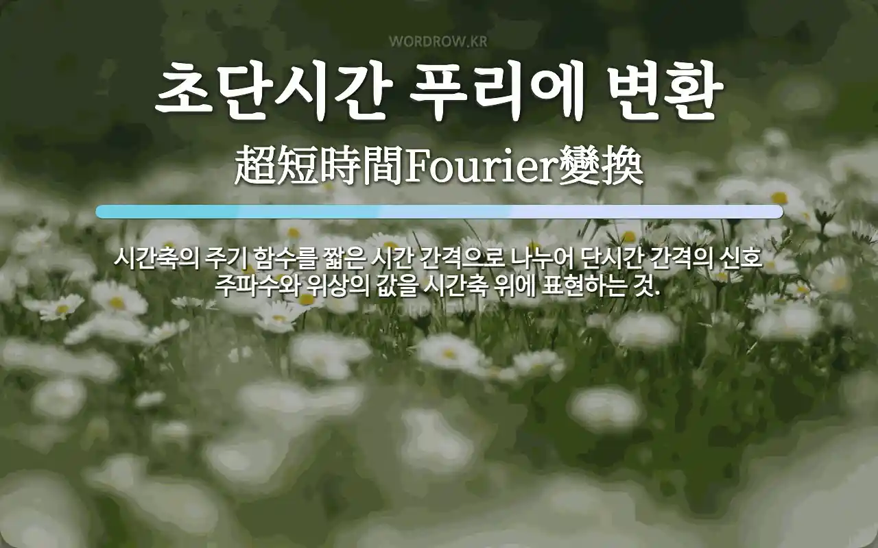 초단시간 푸리에 변환 뜻: 시간축의 주기 함수를 짧은 시간 간격으로 나누어 단시간 간격의 신호 주파수와 위상의 값을