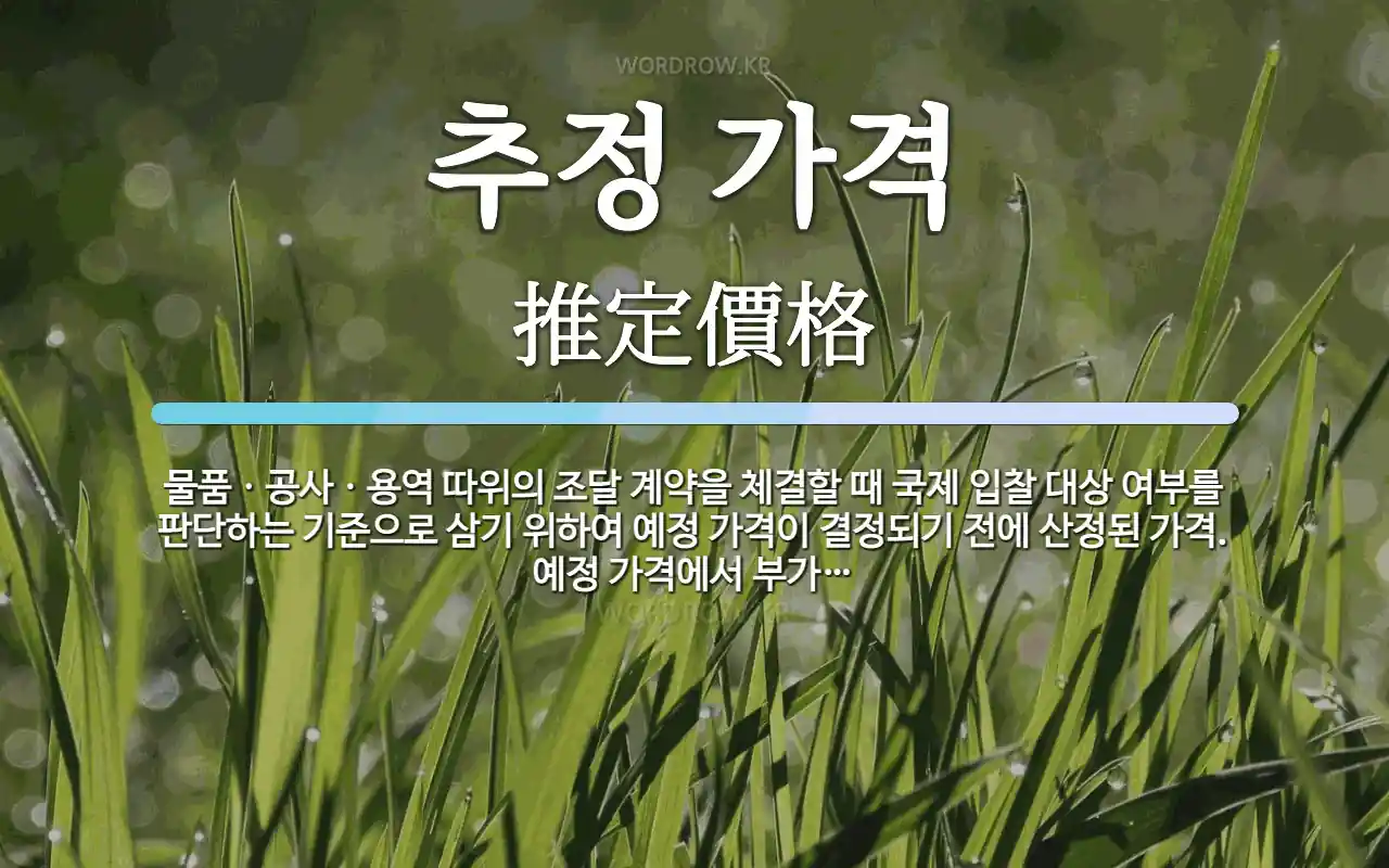 추정 가격 뜻: 물품ㆍ공사ㆍ용역 따위의 조달 계약을 체결할 때 국제 입찰 대상 여부를 판단하는 기준으로 삼