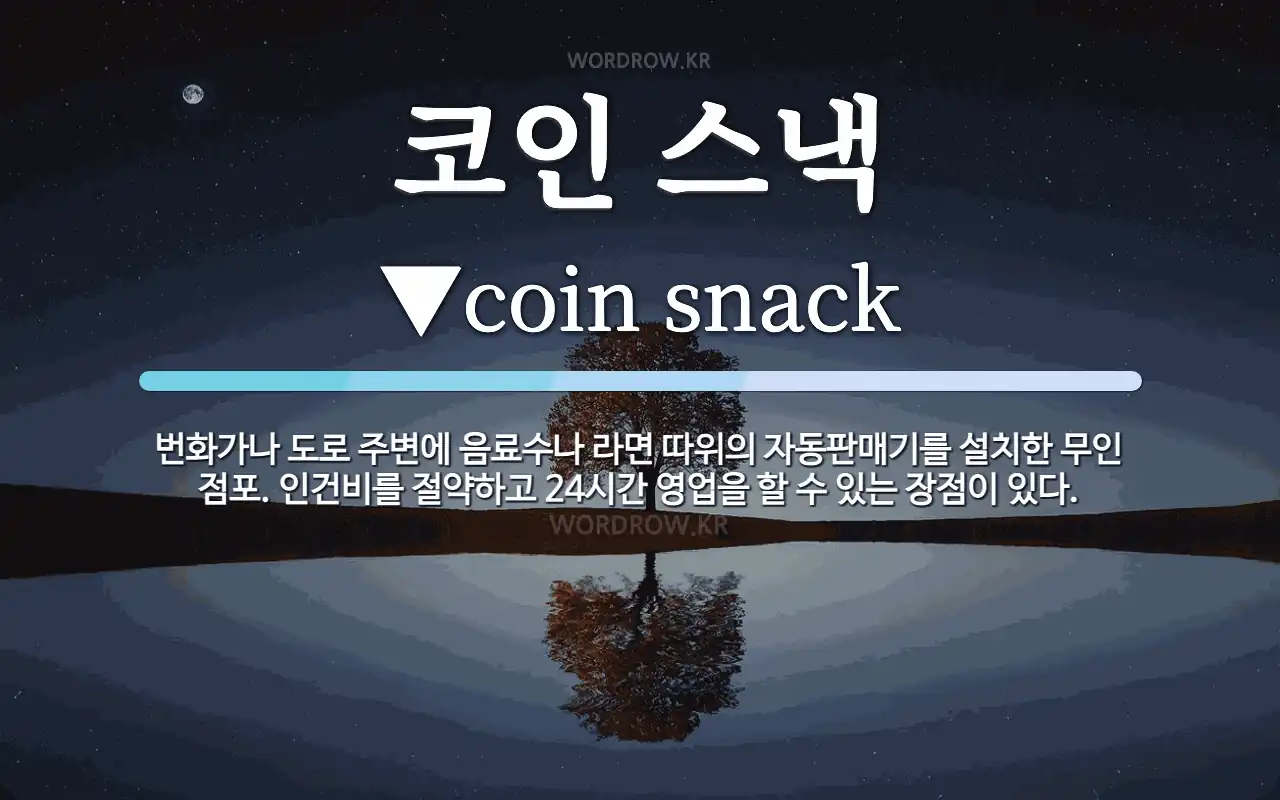 코인 스낵 뜻: 번화가나 도로 주변에 음료수나 라면 따위의 자동판매기를 설치한 무인 점포. 인건비를 절약하