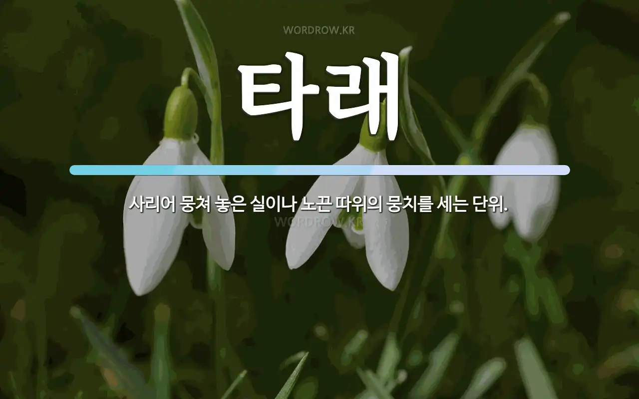 타래 뜻: 사리어 뭉쳐 놓은 실이나 노끈 따위의 뭉치를 세는 단위.