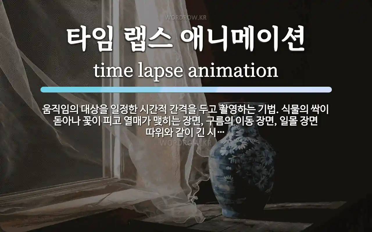 타임 랩스 애니메이션 뜻: 움직임의 대상을 일정한 시간적 간격을 두고 촬영하는 기법. 식물의 싹이 돋아나 꽃이 피고