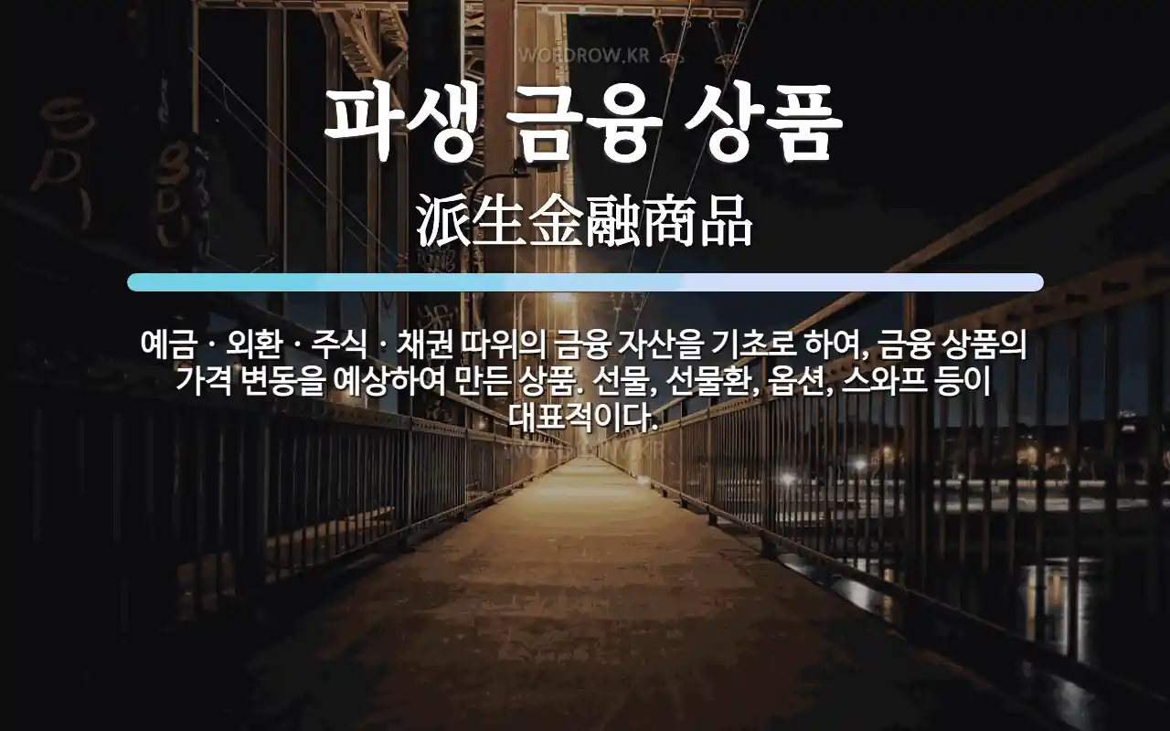 파생 금융 상품 뜻: 예금ㆍ외환ㆍ주식ㆍ채권 따위의 금융 자산을 기초로 하여, 금융 상품의 가격 변동을 예상하여
