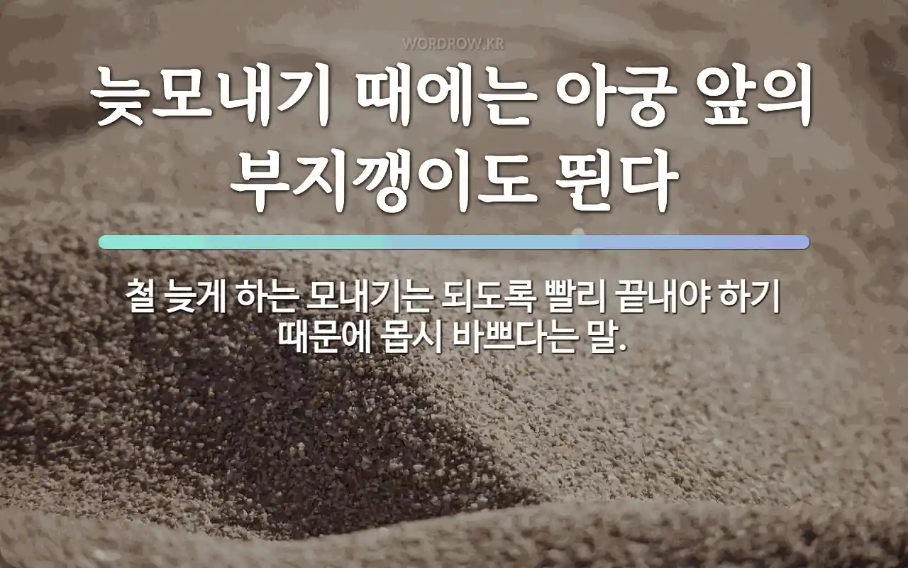 늦모내기 때에는 아궁 앞의 부지깽이도 뛴다: 철 늦게 하는 모내기는 되도록 빨리 끝내야 하기 때문에 몹시 바쁘다는 말.